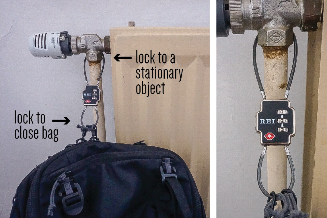 Double-sided cable lock, showing how to secure a backpack to a stationary object for travel security 