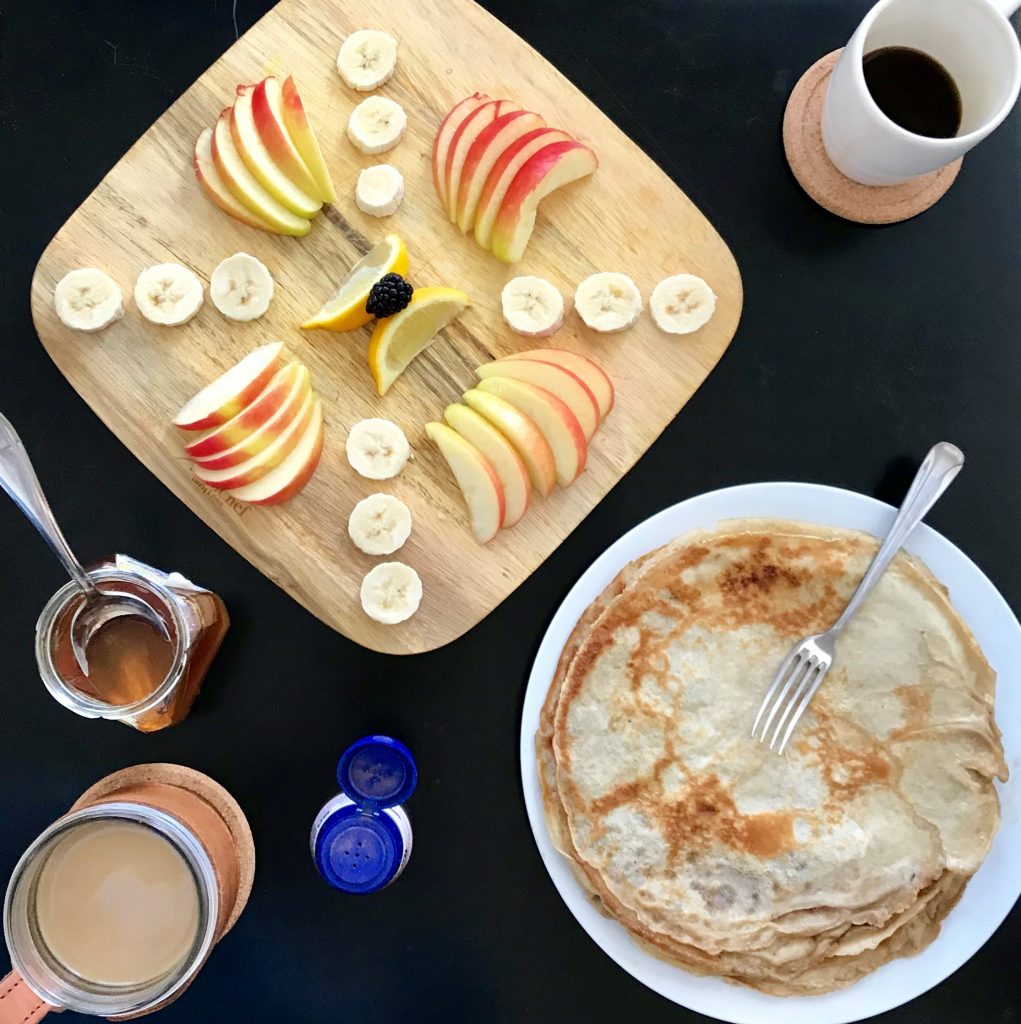 Pancakes with fresh fruit and coffee