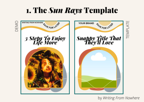 Template #1 from the "summertime" pin template pack. This Pinterest template design is titled "sun rays," and is shown first in demo form and then the template form