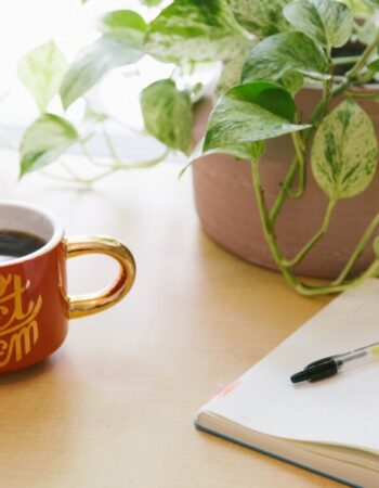 A steaming cup of coffee with the words "go get 'em" on it sites next to a draping house plant and a notebook, opened to a blank page with a pen sitting atop the page.