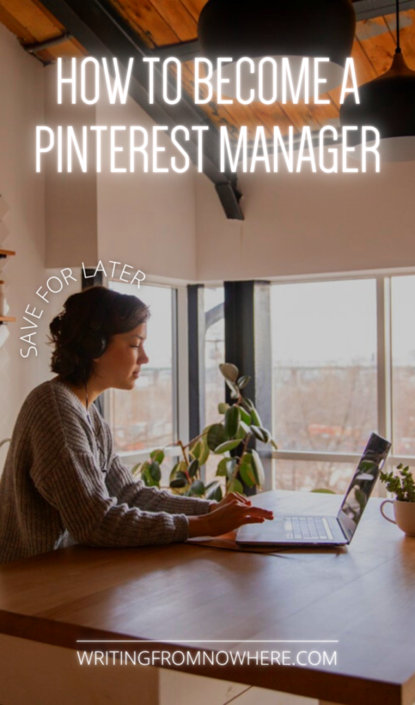 woman working at kitchen table on laptop. Text atop the photo reads "how to become a Pinterest manager, save for later"