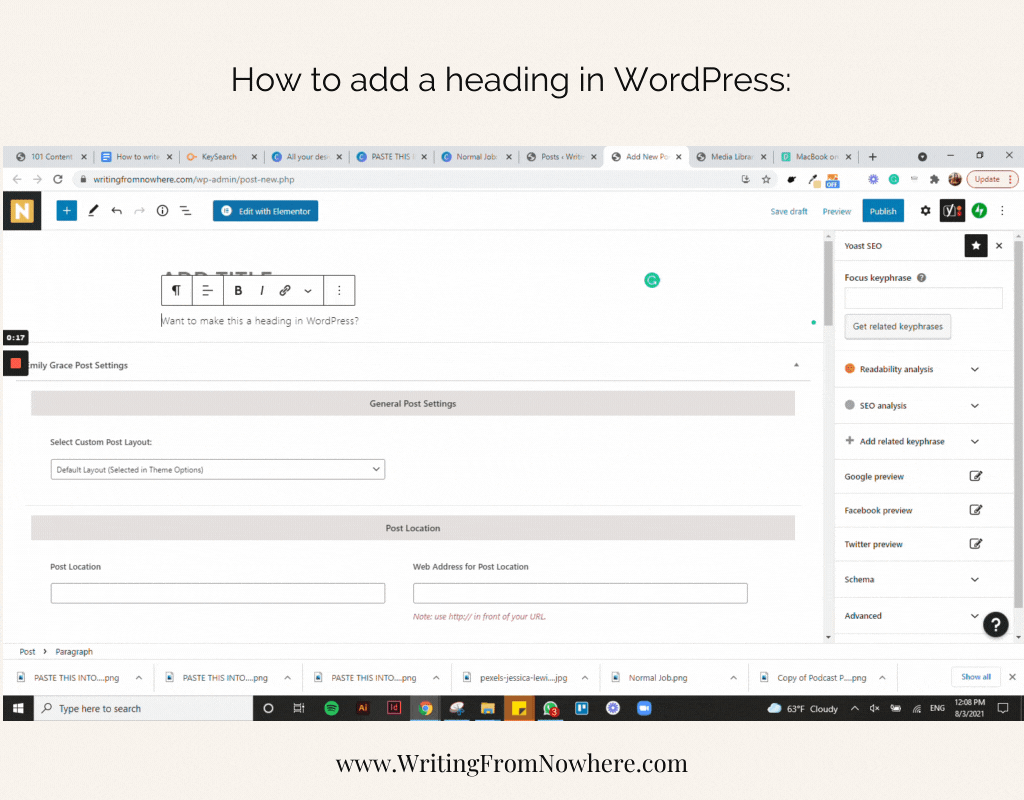 Gif showing how to change a line of text into a heading in WordPress