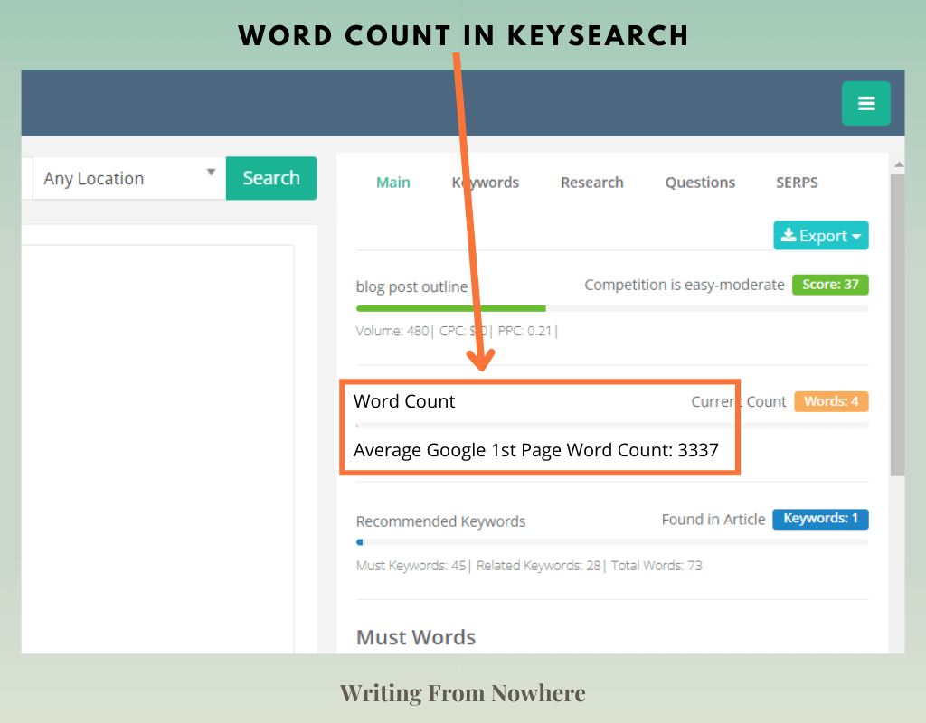 Screenshot of Keysearch with a red square drawn around word count