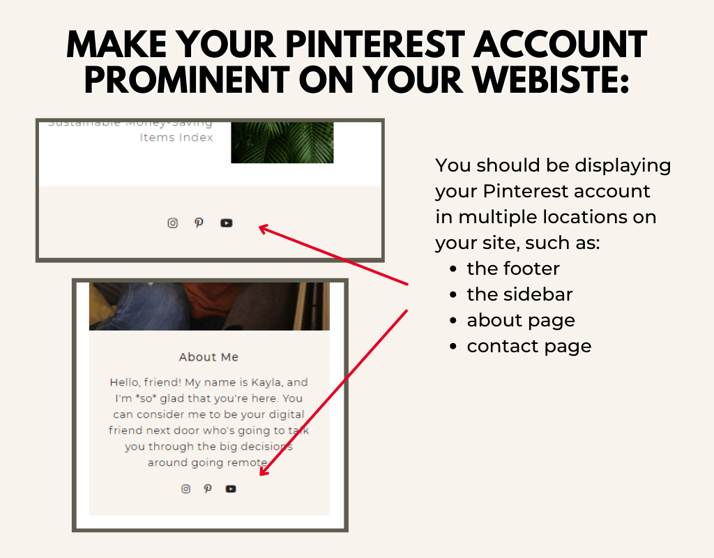 Screenshot of Pinterest account icons in the footer and sidebar of a website