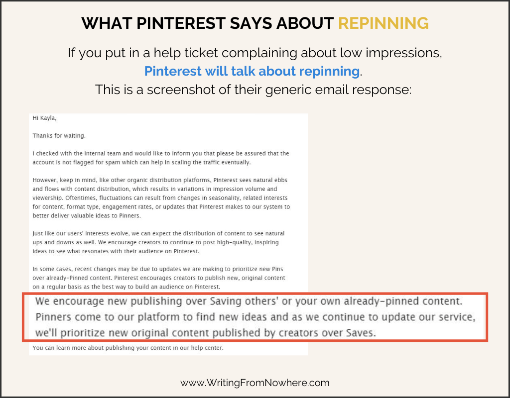 Screenshot of Pinterest help email talking about repinning