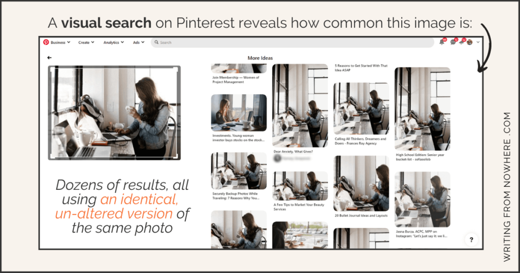 A reverse image search on Pinterest which shows the same stock photo being used over and over again