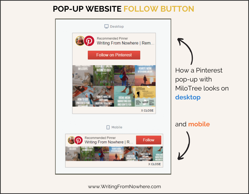 MiloTree screenshot showing website follow button for Pinterest account