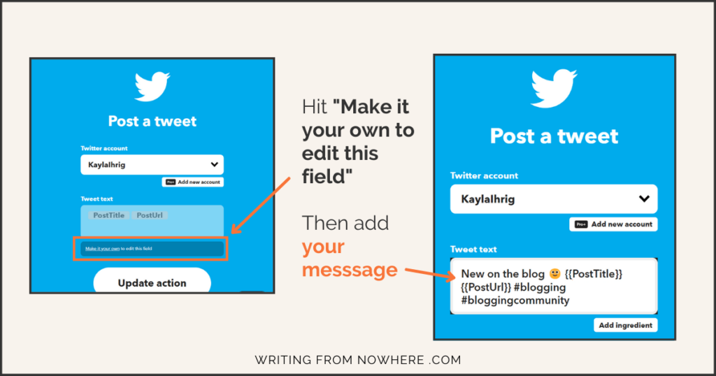 screenshot of If this then that (IFTTT) WordPress to Twitter applet with custom message