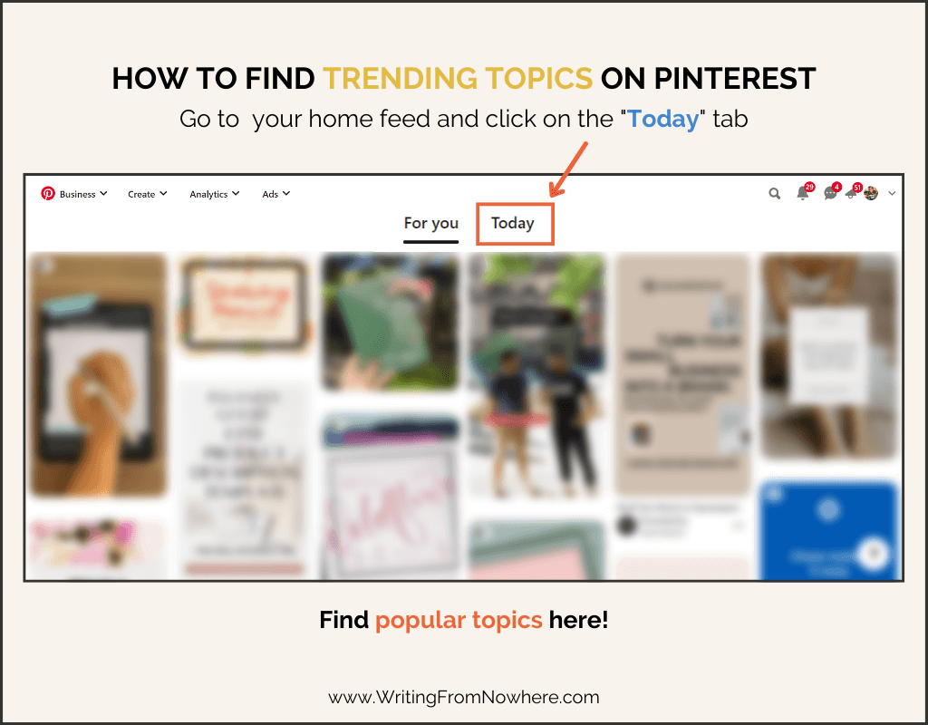 Screenshot of Pinterest home feed with the "Today" tab outlined