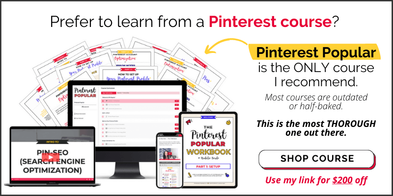 Flat lay of Pinterest course materials: a computer screen with course modules, an iPad with a workbook, an iPhone with a video. Text on the image reads "Learn from Pinterest Popular, the only Pinterest course I recommend."