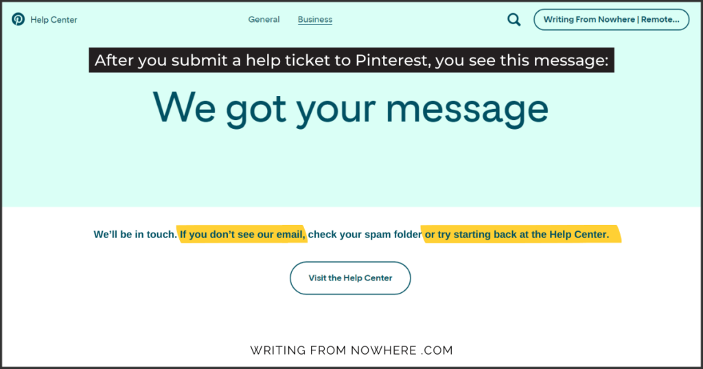 Screenshot of Pinterest contact form confirmation