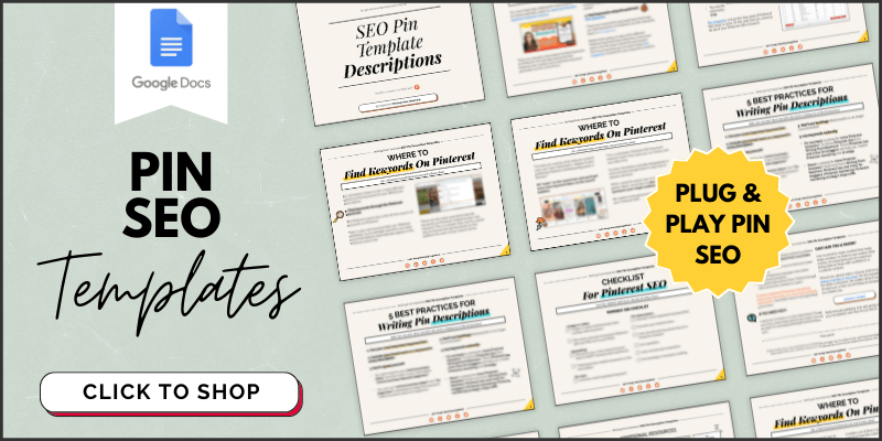Text on image reads "Pinterest Pin SEO templates" with images of PDF product