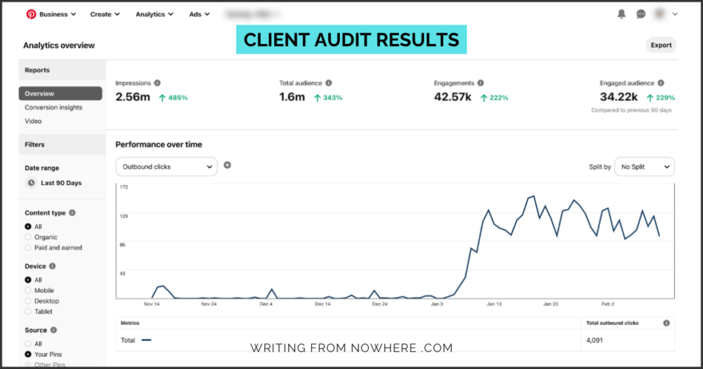Screenshots of a client's Pinterest stats going up after a Pinterest audit