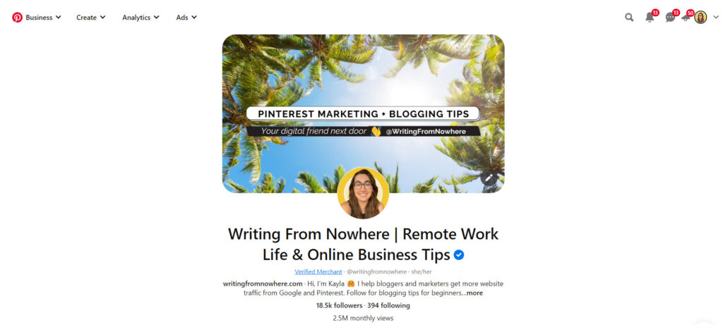 Screenshot of Writing From Nowhere's Pinterest business account