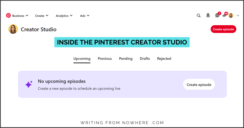 Screenshot inside the Pinterest Creator Studio