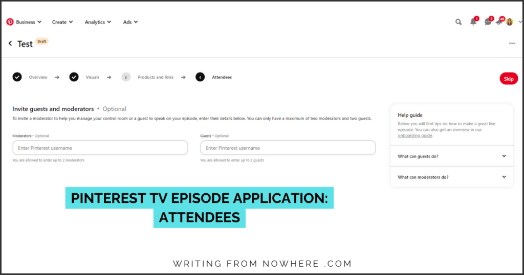 Screenshot of Pinterest TV episode application - step 4, attendees