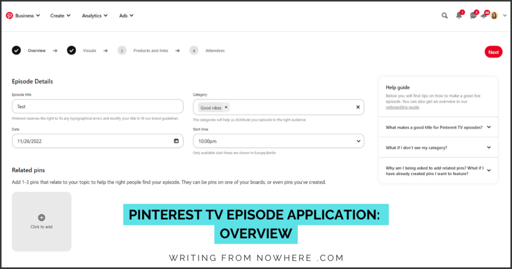 Screenshot of Pinterest TV episode application - step 1, overview