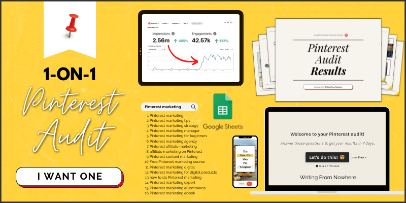 Text on image reads "1-on-1 Pinterest audit" with a screenshot of Pinterest analytics up 485%, a keyword bank, a Pinterest audit intake for a a PDF checklist