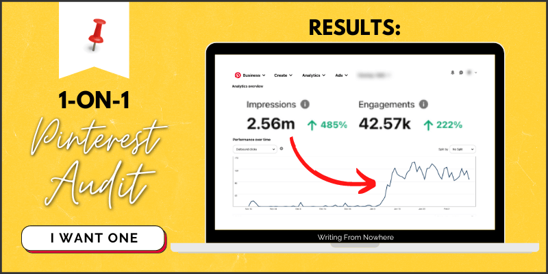 Screenshot of Pinterest analytics up 485% with text that reads "1-on-1 Pinterest audit"