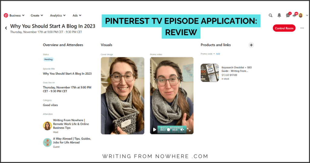Screenshot of Pinterest TV episode application - review your application