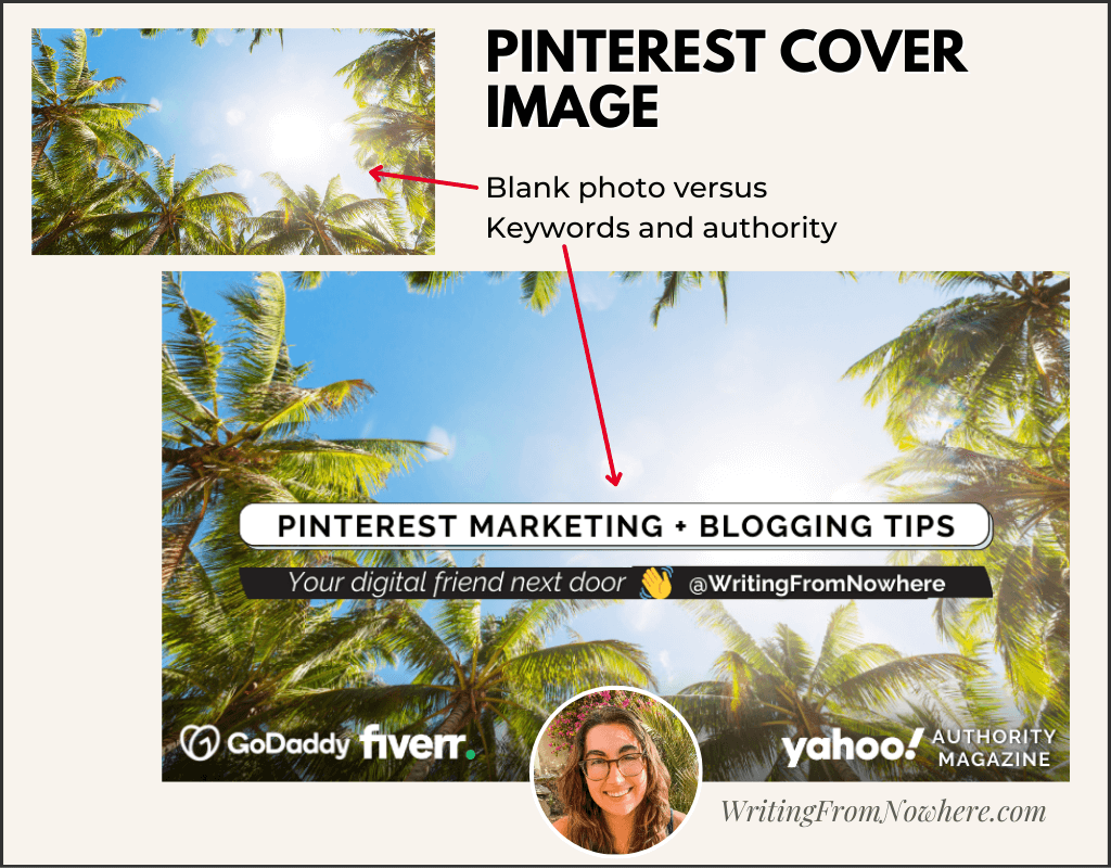 Two Pinterest account covers compared - one with just a photo and another with keywords used on account cover